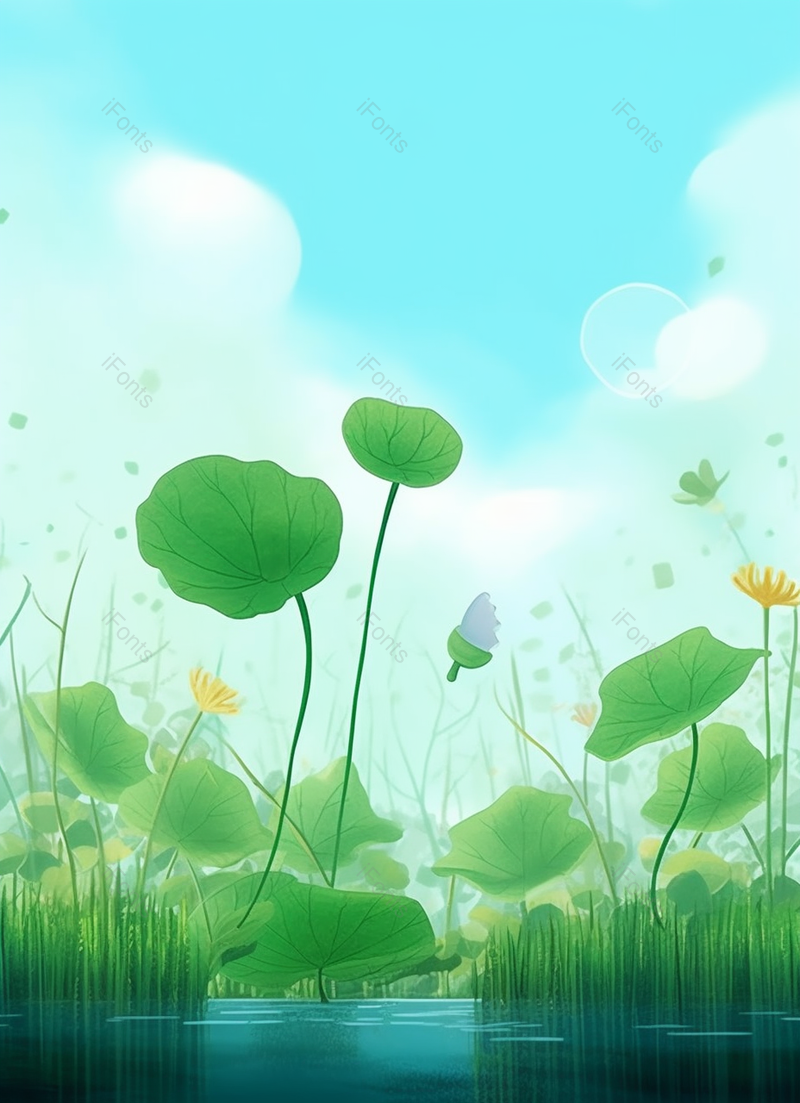 翠绿色的池塘里的荷叶荷花插画,插画/手绘图,插画/手绘图库,插画/手绘图下载,插画/手绘